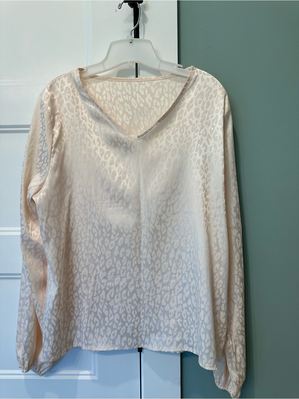 Long Sleeve V-Neck Satin Blouse in Light Peach